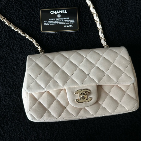 Chanel Rectangular Classic Mini Flap Bag Beige Lambskin Leather Gold Hardware - Picture 1 of 12